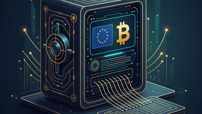 A digital security vault with the EU flag and a Bitcoin logo
