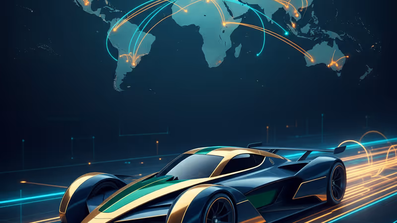 未来的なサーキットを走行するF1マシンとサイバーな演出