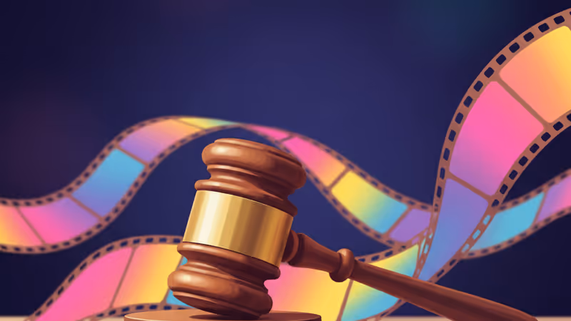 법원 의사봉과 배경에 흐릿하게 보이는 영화 필름