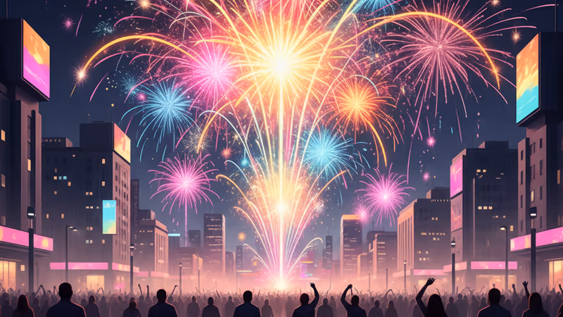 ひび割れたガラスに映る新年の花火のイメージ