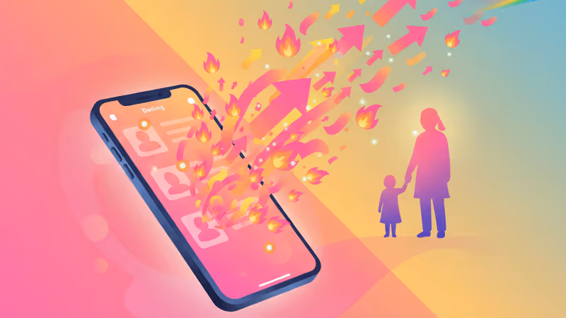 A conceptual image of a dating app profile and a silhouette of a family