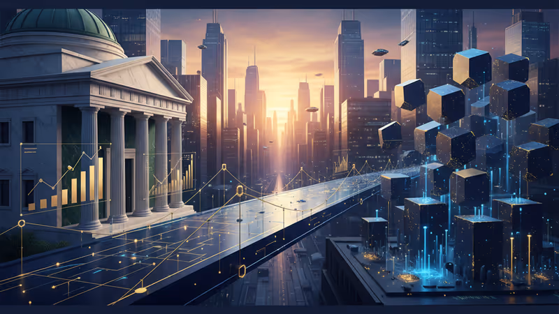 Futuristic landscape where a traditional bank connects to a digital blockchain network