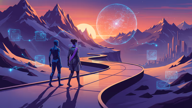 Futuristic AI and humanoid robot silhouette against the Swiss Alps of Davos