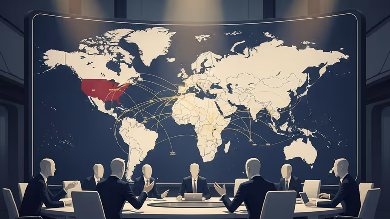 雪に覆われたグリーンランドの風景と、ダボス会議で議論する各国指導者のイメージ