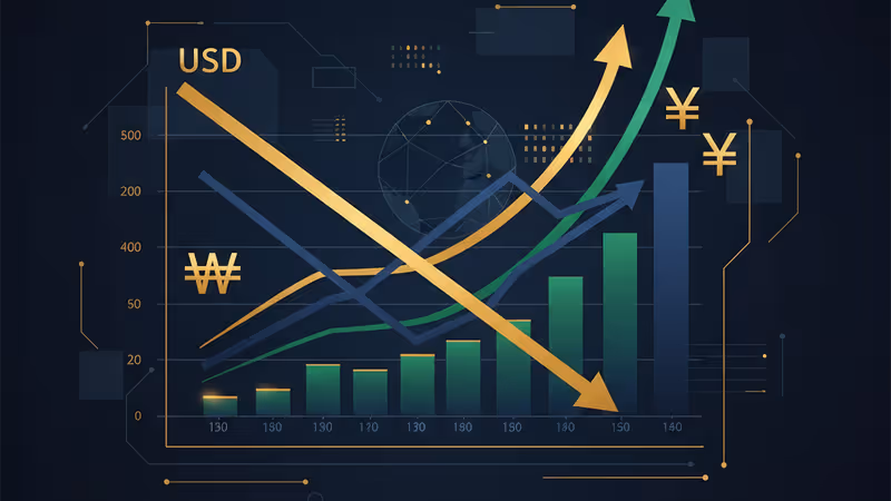 Financial graph showing fluctuations between USD and Asian currencies