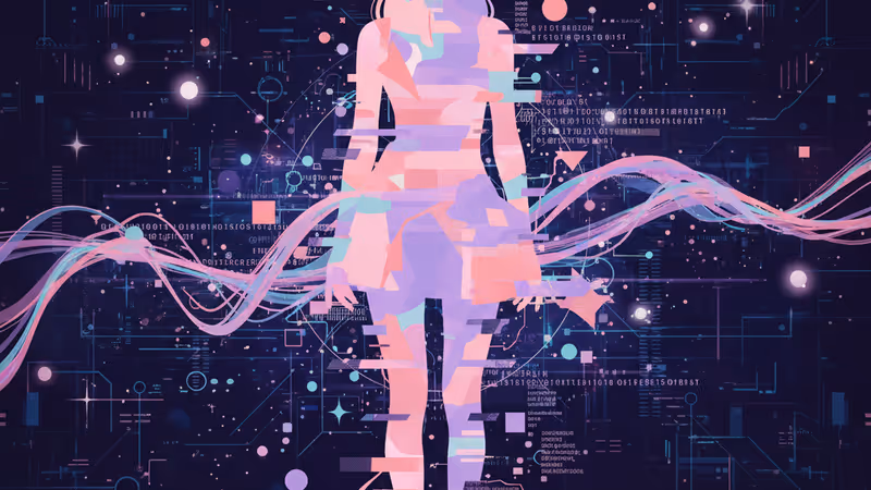 디지털 글리치 효과로 왜곡된 여성의 실루엣 이미지