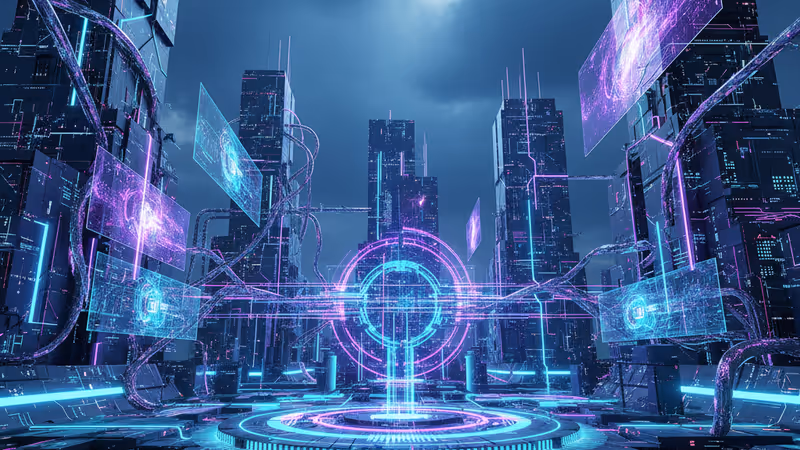 Abstract AI technology image combining complex neural network circuits and semiconductors