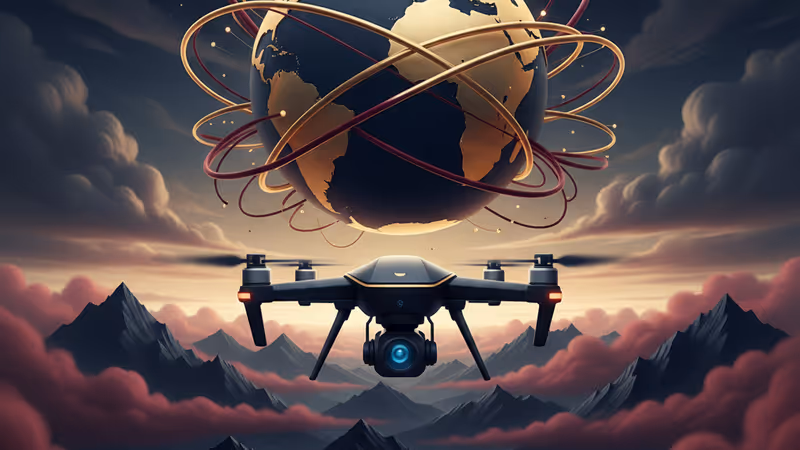 안개 낀 휴전선 산악 지대 위를 비행하는 검은색 드론의 모습