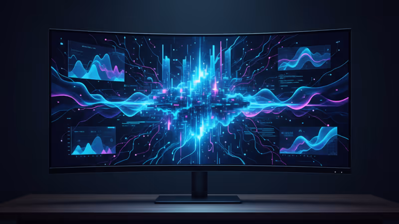 Professional office setup featuring Dell's 52-inch 6K UltraSharp monitor.