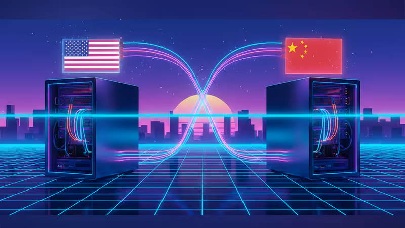 Digital data streams symbolizing the AI technology race between the US and China