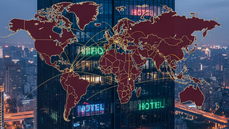 掛滿多個飯店招牌的中國商辦大樓外觀