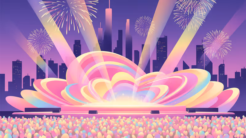 Vibrant New Year's Eve concert stage with lights and fireworks
