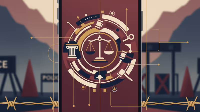 カシミールの通りで警察が市民のスマートフォンを検査する様子