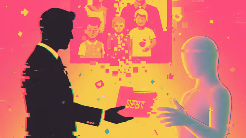 A man handing over debt papers with a family portrait behind him