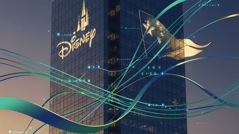 Exterior of a modern building reflecting Disney logo and Chinese flag