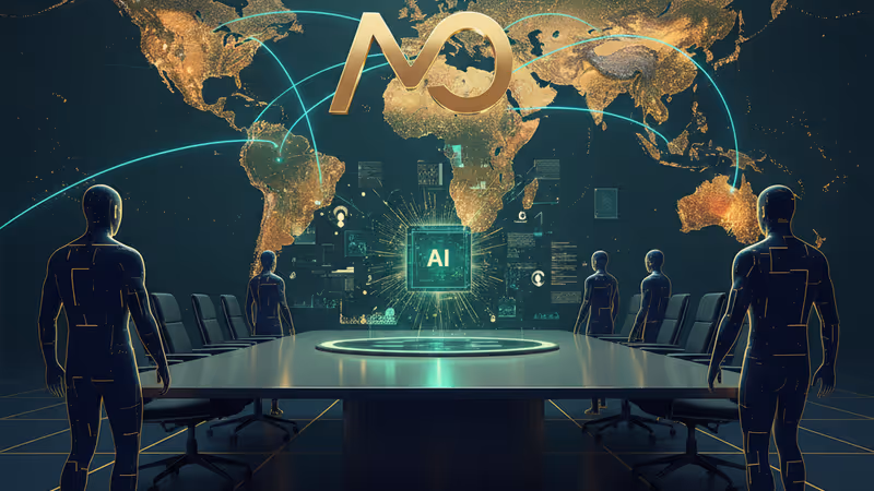 Silhouettes of executives leaving a digital boardroom with Meta's logo