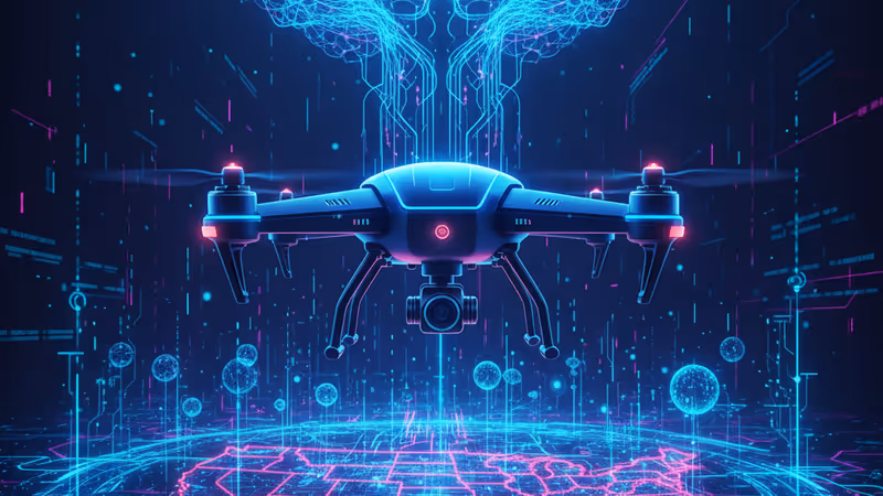 米国国旗とFCCロゴを背景に、見えない壁に阻まれるDJIドローンのイメージ