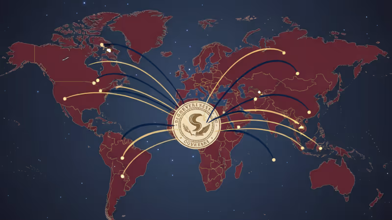 Digital data streams being intercepted by a government seal icon