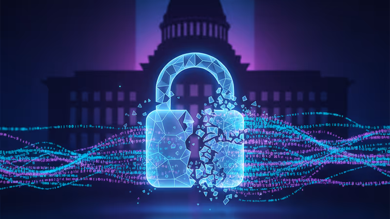 A broken digital padlock symbolizing a government data breach