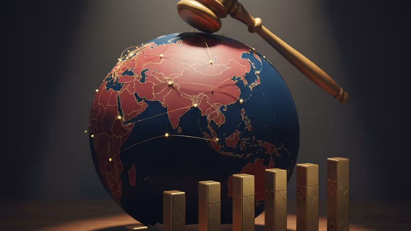 A golden gavel and metal bars representing tariffs over an Asian map