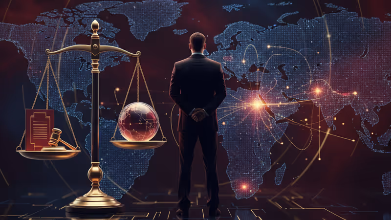 A silhouette of Trump with a glowing map of Iran in the background.