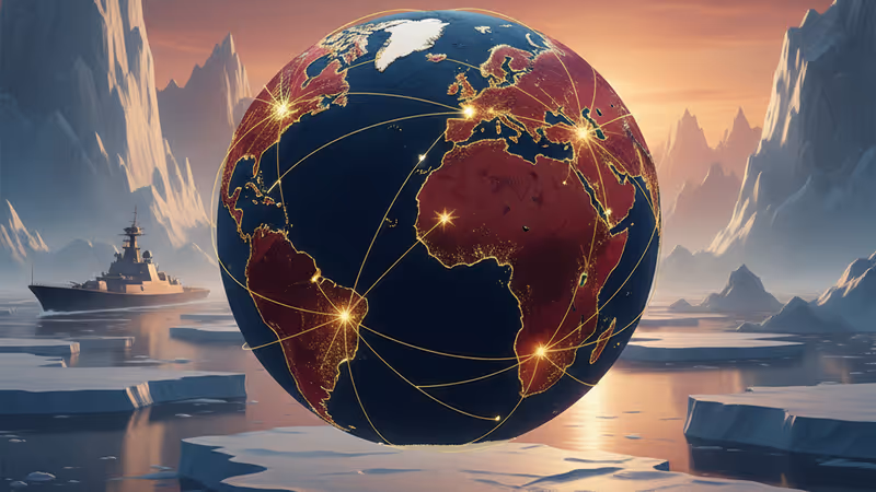 氷に覆われた北極圏の風景と、戦略的価値を象徴する光の演出