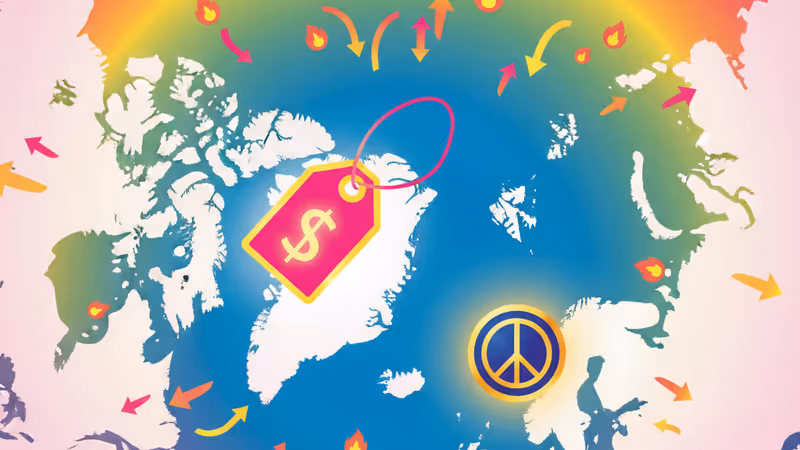 象徵格陵蘭地圖與諾貝爾獎牌的插圖，反映地緣政治的複雜關係