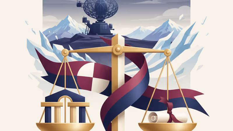 グリーンランドの古い港に沈む夕日とデンマークの旗