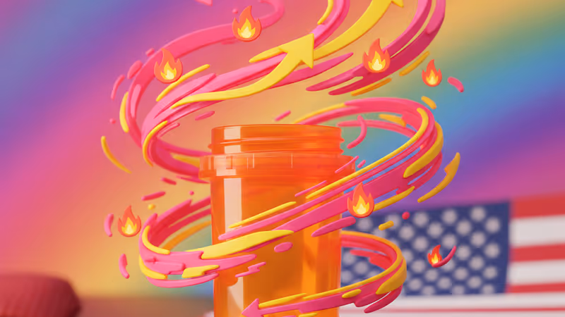 An aspirin bottle on a desk with Trump's signature red tie in the background