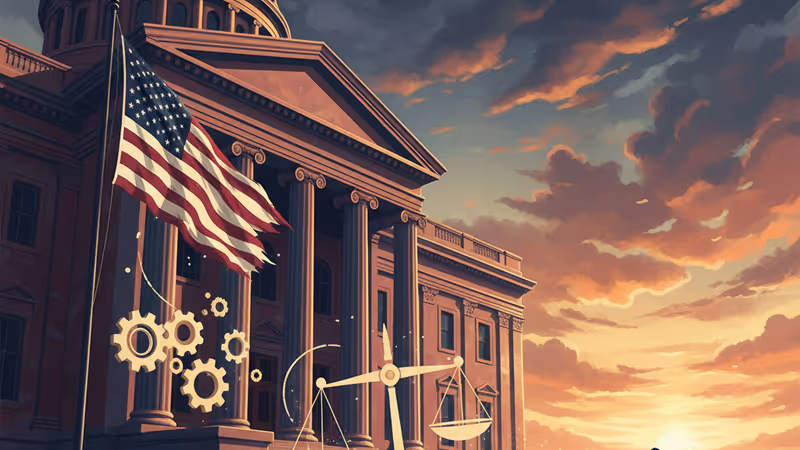 성조기가 게양된 법원 건물과 그 너머 대치 중인 법 집행 요원들의 실루엣