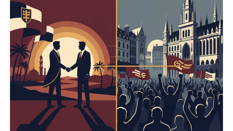 Diplomatic handshake silhouette against Middle East sunset and European protests