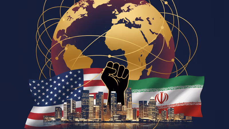 미국과 이란 국기가 겹쳐진 중동 시위 현장의 전경