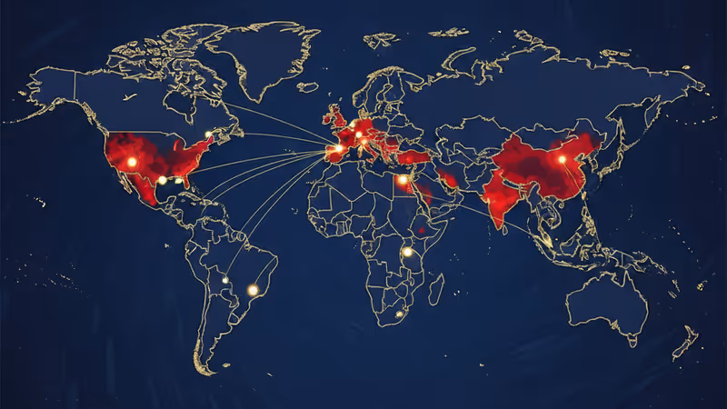 나이지리아와 중동 지역에 붉은 점이 표시된 디지털 세계 지도