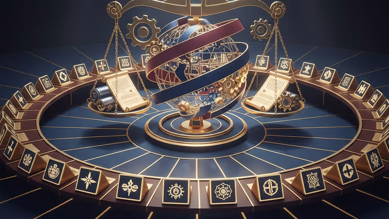 Wide view of an international conference hall with flags of rival nations