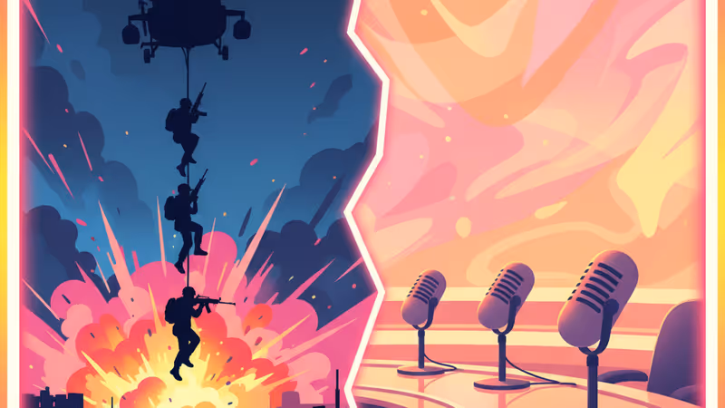 도널드 트럼프의 베네수엘라 작전과 더 뷰 방송 장면을 상징적으로 대비한 이미지