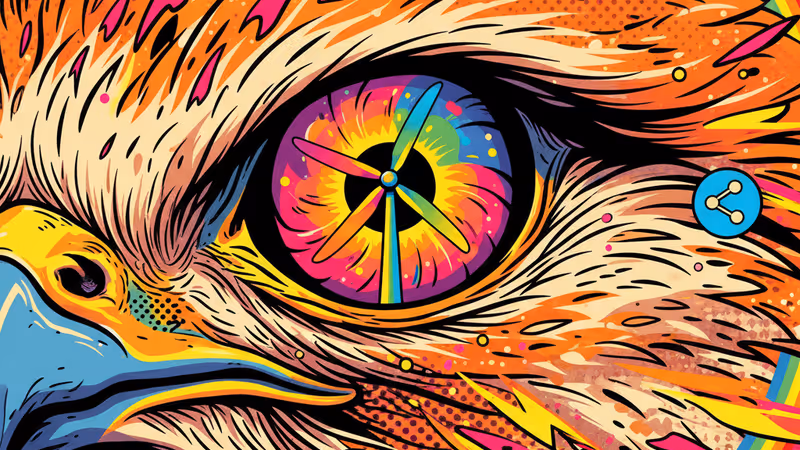 Close-up of a bird's eye with a wind turbine reflection