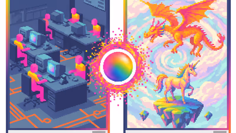 드래곤과 유니콘이 싸우는 상상을 하며 당황하는 면접 지원자의 모습