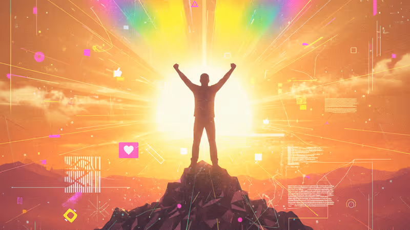 일출을 배경으로 정상에 서서 승리를 만끽하는 남성의 실루엣