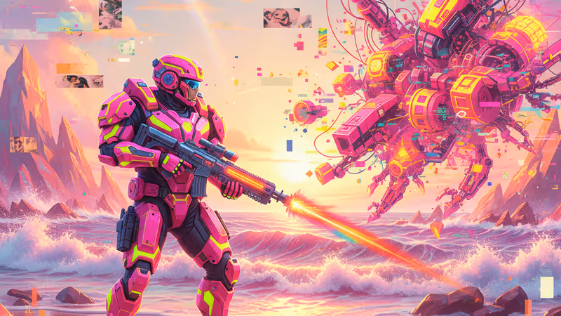 エグゾスケルトンを装着した兵士が戦場に立つ映画のワンシーン