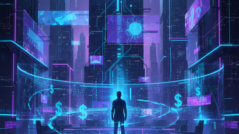 Elon Musk in a digital courtroom with floating tech symbols