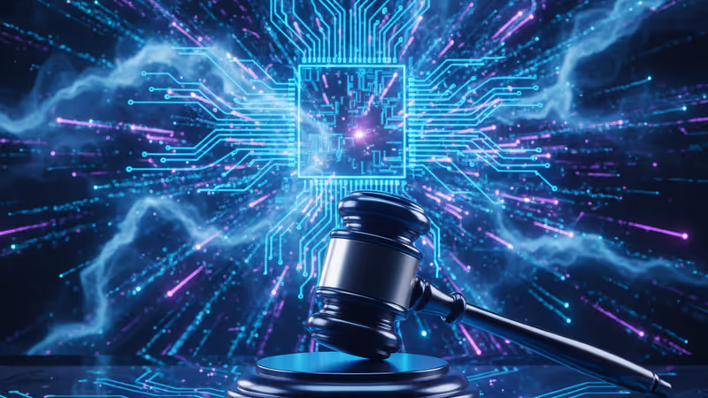 법정 판사봉과 디지털 AI 신경망 배경 이미지