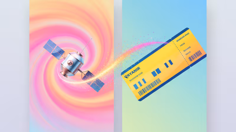 라이언에어 항공기와 스타링크 위성이 충돌하는 듯한 삽화