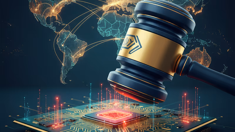 AI 회로 기판 위에 놓인 법봉과 경고 표시