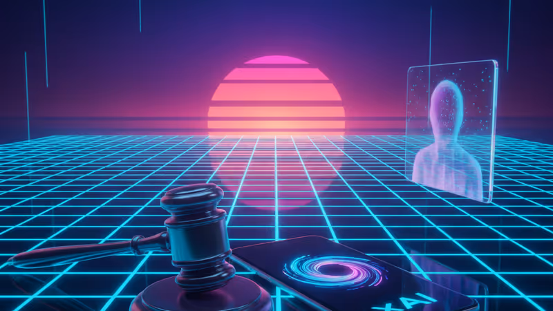 법봉과 xAI 로고가 보이는 태블릿 화면이 놓인 법정 배경 이미지