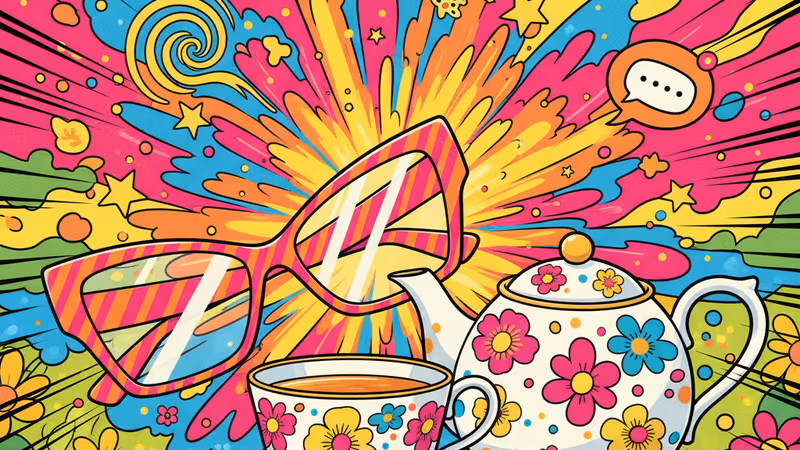 Iconic colorful glasses and a tea set in a sunny garden