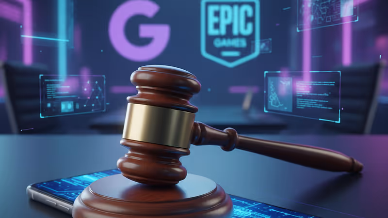 법정의 가판사와 구글 및 에픽게임즈 로고가 배경에 보이는 모습
