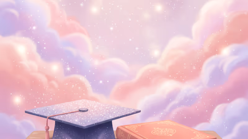 A graduation cap and a closed yearbook on a desk