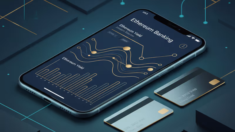 展示 2026 年以太坊虛擬銀行界面的科技感智能手機