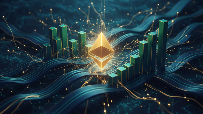 활발한 활동을 상징하는 푸른 빛의 이더리움 로고와 데이터 스트림 전경