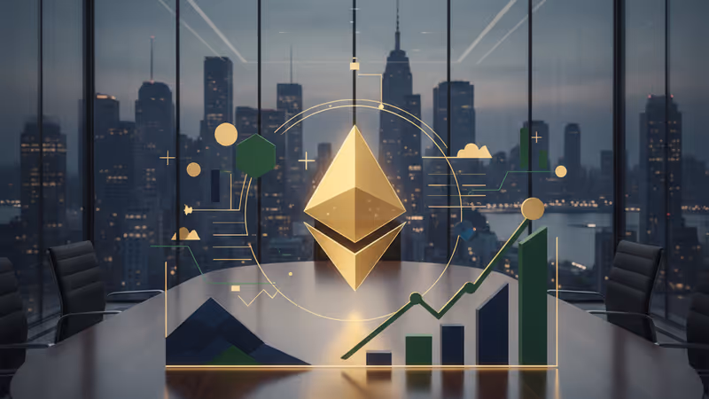 월스트리트 금융가 배경과 이더리움 로고의 결합 이미지